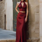 Sophisticated Satin Two-Piece Halter Set - Cropped Vest And Maxi Skirt