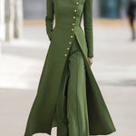 High Waisted Long Sleeves Buttoned Solid Color Split-Front Round-Neck Midi Dresses