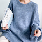 Stretch Mohair-Blend Balloon Sleeves Loose Solid Round-Neck Sweater Tops