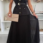Relaxed and Elegant Round Neck Button Up Belted Pocket Loose Vest