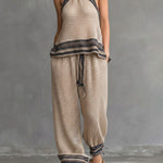 Boho Casual Beige Crochet Halter Top & Drawstring Pants Two-Piece Set