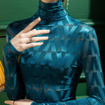 Stylish Skinny Long Sleeves Embroidered Split-Joint Checkered High-Neck T-Shirts Tops