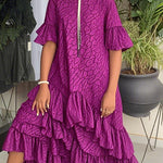 Flared Sleeves Half Sleeves Asymmetric Layered Pleated Printed Ruffle Trim Round-Neck Maxi Dresses