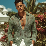 Men's Retro Casual Hollow Knit Lapel Long Sleeve Shirt