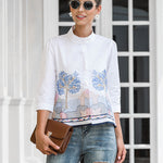 Casual Three-Quarter Sleeves Loose Embroidered Stand Collar Blouses&Shirts Tops