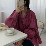 Urban Loose Puff Sleeves Agaric Laces Falbala Solid Color Blouses