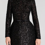 Edie Sequin High Neck Long Sleeve Satin Bow Belted Tulip Mini Dress