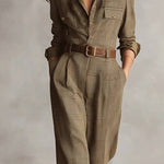 Brown Sophisticated Tweed Texture Plaid Utility Jumpsuit