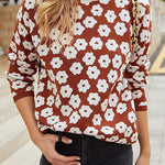 Mock Neck Floral Print Knitted Sweater Color Block Light Weight Sweater