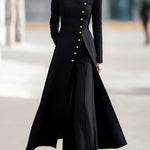 High Waisted Long Sleeves Buttoned Solid Color Split-Front Round-Neck Midi Dresses