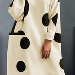 Long Sleeves Loose Pockets Polka-Dot Mock Neck Midi Dresses