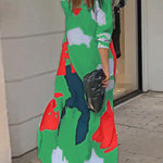 Loose Wrap Buttoned Contrast Color Pockets Printed Split-Side Shirt Dress