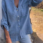 Linen Blend Solid Color V-neck Casual Pocket Shirt