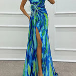 Amazing Views Watercolor Print Feather Rose Detail Off Shoulder Pleated Slit Maxi Dress