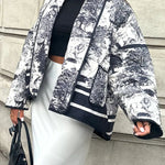 Romantic Songs Porcelain Ink Printed Pocket Quilted Cotton Kimono Jacket