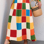 Loose Puff Sleeves Elasticity Rainbow Plaid Split-Joint V-Neck Maxi Dresses
