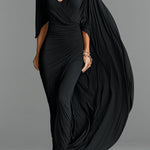 Women's Black Stretch Jersey Dress With Deep V-Neck & Cape Sleeve, Timeless Dramatic-Luxe Style Dress