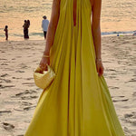 Greek Goddess Distinctive Golden Halter Neck A-line Maxi Dress