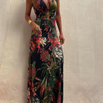 RAINFOREST PARADISE TROPICAL PRINT CUTOUT BACK CROSSOVER STRETCH MAXI DRESS