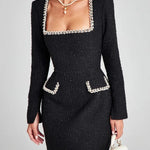 Girly and Glamorous Tweed Fabric Pearl Trim Long Slit Sleeve Pocketed Mini Dress