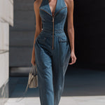Denim Halter Neck Zip-Front Cropped-Leg Jumpsuit