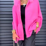 Warm Call Knit Long Sleeve Zipper Plush Hooded Pocket Loose Cardigan