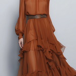 Women's Elegant Orange Chiffon Round-neck Long-sleeved Maxi Dress