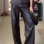 Elegant High-waist Wide-leg Faux Leather Pants