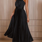 Beaming Smile Satin Halter Neck Pleated Midi Dress