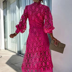 Romantic, Sensual and Elegant Crochet Lace Lantern Sleeve Party Midi Dress