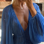 Blue Gemstone Chiffon Ruched Gathered Waist Maxi Dress