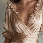 Vintage Elegant Champagne Wrap Ruffle Satin Top
