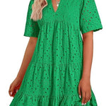 Women's V Neck Short Sleeve Hollow Out Mini Vacation Dress