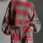 Long Sleeves Loose Contrast Color Line Split-Joint Striped Round-Neck Sweatershirt