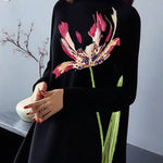 A-Line Long Sleeves Flower Print Pockets Mock Neck Midi Dresses