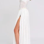 Ulissa Light Green Square Neck Jacquard Textured High Slit Maxi Dress