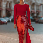 Radiant Red Two-Tone Sequin Midi Dress