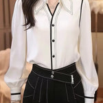 Long Sleeves Buttoned Contrast Color Pleated Lapel Blouses&Shirts Tops