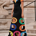 A-Line High Waisted Colorful Contrast Color Hollow V-Neck Maxi Dresses