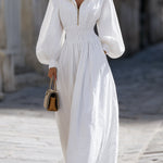 White Smocked Waist Hooded Maxi Dress