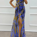Amazing Views Watercolor Print Feather Rose Detail Off Shoulder Pleated Slit Maxi Dress