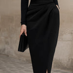 Sleek Black Turtleneck Draped Midi Dress