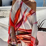 Island Girl Satin Printed Loose Slit Sleeve One Shoulder Top and Elastic Waist Pants Set
