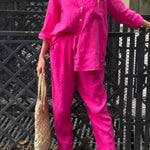 Casual Solid Color V-Neck Shirt & Pants Cotton Linen Two-Piece Set
