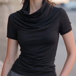 Draped Cowl-Neck Fitted Short-Sleeve T-Shirt