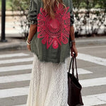 Khaki Green Denim Overshirt with Pink Crochet Mandala