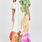 A-Line Loose Elasticity Flower Print One-Shoulder Maxi Dresses