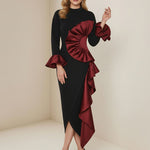 Bodycon Flared Sleeves Asymmetric Contrast Color Ruffled Zipper Stand Collar Midi Dresses