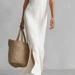 Women's White Textured Dress With Cold-Shoulder Design & Contrast Trim, Timeless Sleek-Chic Style  Dress