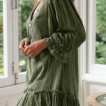 Loose Long Sleeve Ruffle Hem Cotton Linen Dress